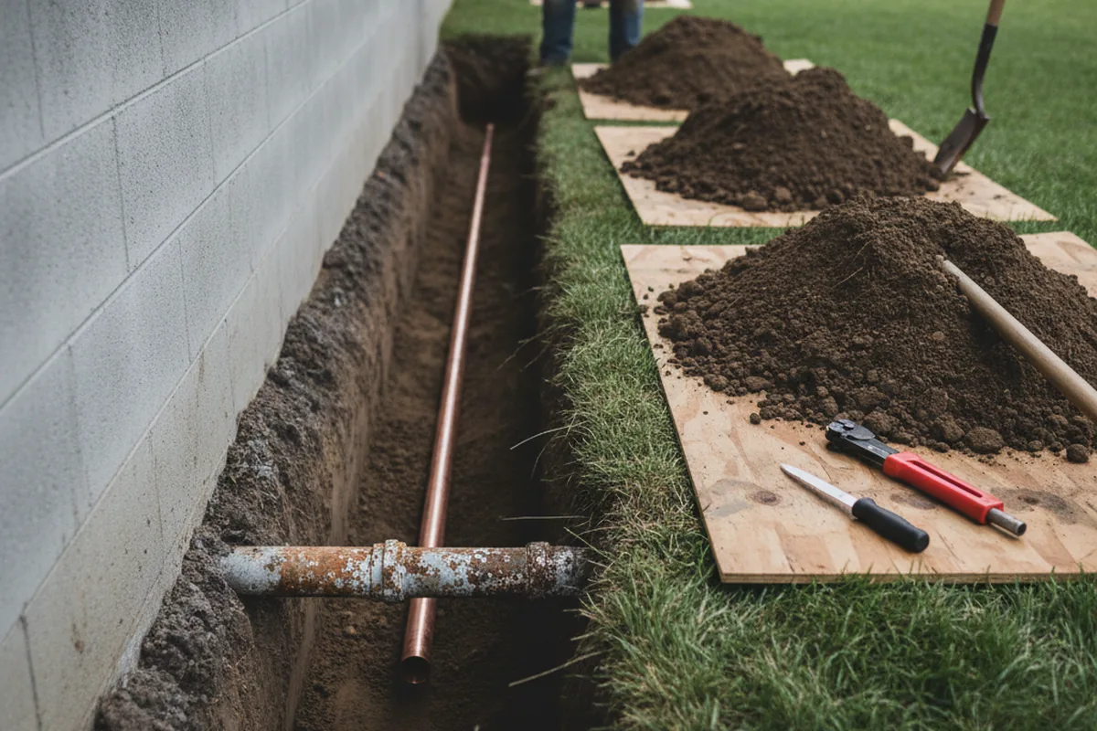 Excavated water line trench during Sewer Line Repair in Prudence Island